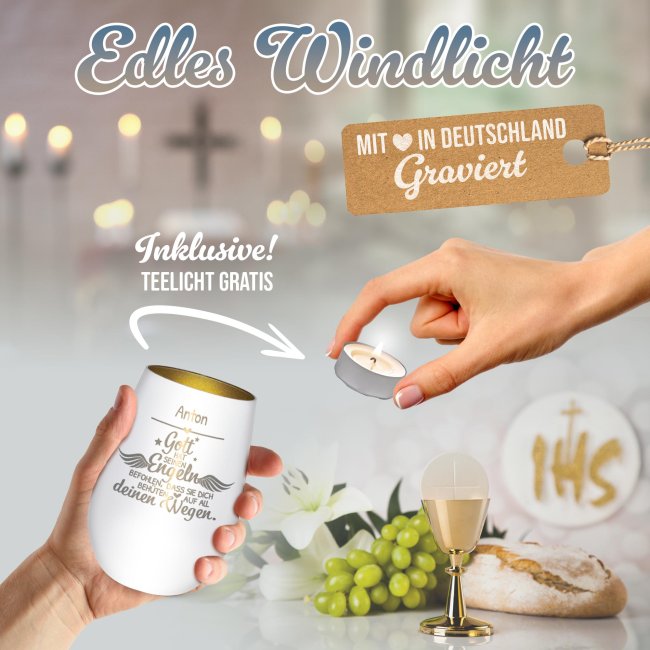 Windlicht mit Gravur - Gott hat seinen Engeln - mit Name - inkl. Teelicht