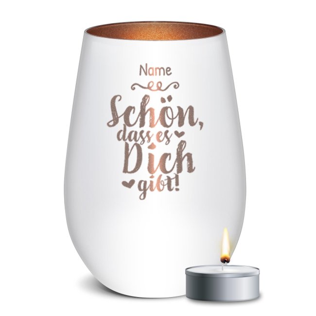 Wei&szlig;es Windlicht mit Gravur - Sch&ouml;n, dass es dich gibt - mit Name - inkl. Teelicht - Innen Bronze