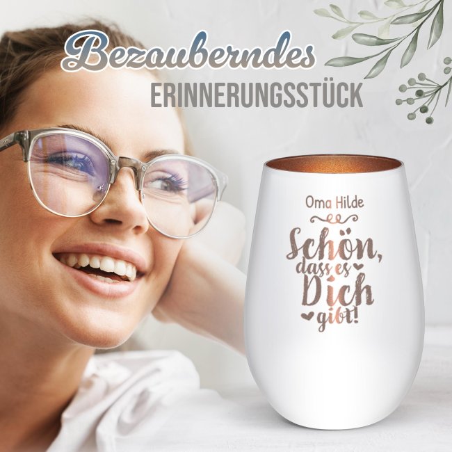 Wei&szlig;es Windlicht mit Gravur - Sch&ouml;n, dass es dich gibt - mit Name - inkl. Teelicht - Innen Bronze