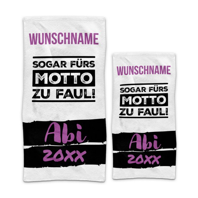 Handtuch - ABI- F&uuml;rs Motto zu faul - mit Jahr und Name - lila - in zwei Gr&ouml;&szlig;en