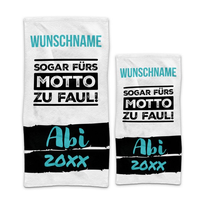 Handtuch - ABI- F&uuml;rs Motto zu faul - mit Jahr und Name - blau - in zwei Gr&ouml;&szlig;en