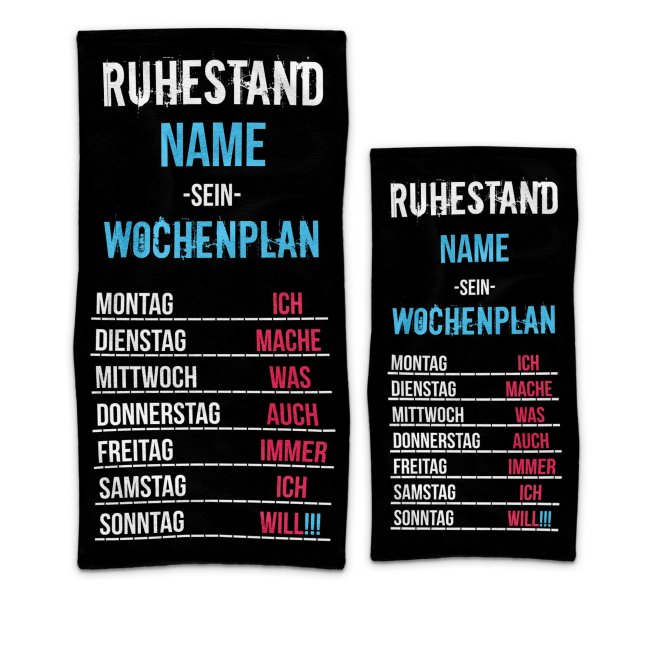 Handtuch mit Name zum Ruhestand - Wochenplan - 2 Gr&ouml;&szlig;en