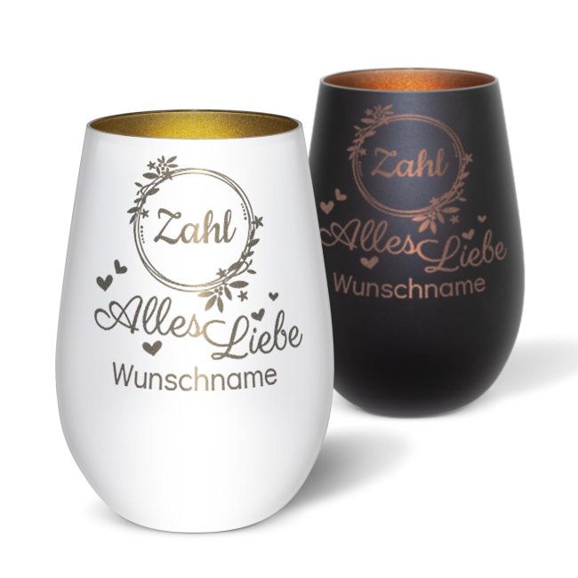 Windlicht mit Gravur zum Geburtstag - Alles Liebe - mit Name und Zahl - inkl. Teelicht