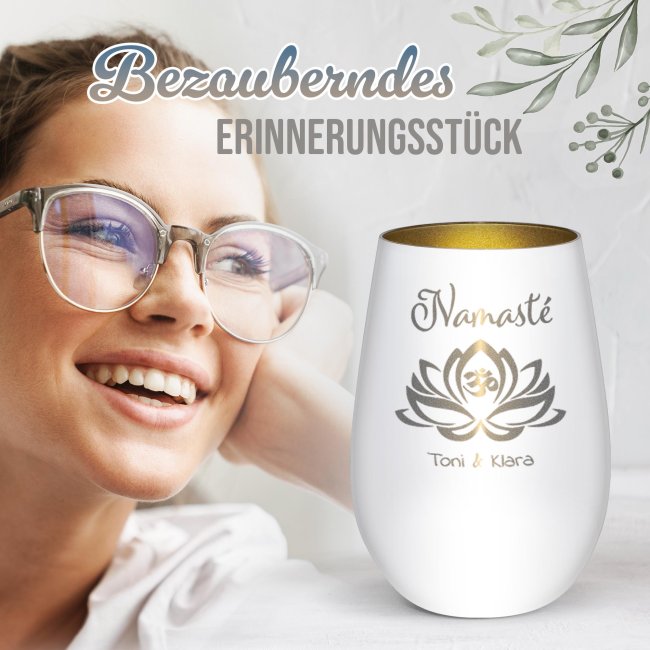 Windlicht mit Gravur - Yoga Lotusblume OM-Mantra - mit Name - inkl. Teelicht