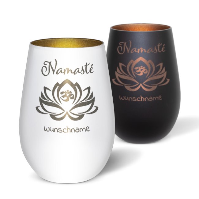 Windlicht mit Gravur - Yoga Lotusblume OM-Mantra - mit Name - inkl. Teelicht