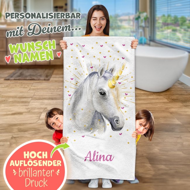 Kinder-Handtuch mit Name - Einhorn - 2 Gr&ouml;&szlig;en