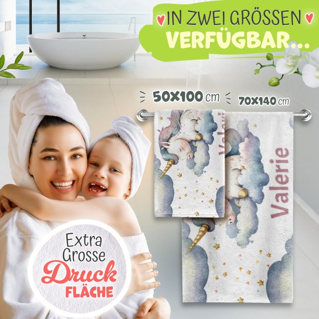 Kinder-Handtuch mit Name - Einhorn Wolke - 2 Gr&ouml;&szlig;en