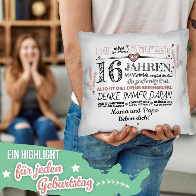 Kissen zum Geburtstag mit Spruch zum 16. Geburtstag - mit Wunschtext