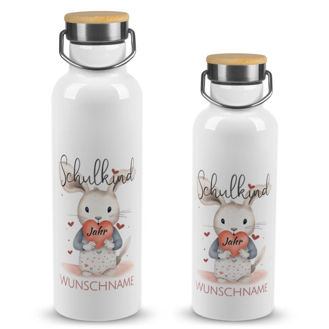 Trinkflasche mit Bambusdeckel zur Einschulung - mit Name &amp; Jahr - Schulkind, Hase