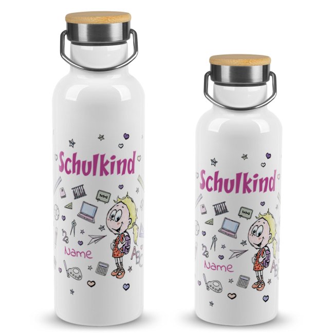 Trinkflasche mit Bambusdeckel zur Einschulung - Schulkind M&auml;dchen - mit Name selbst gestalten