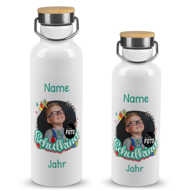 Trinkflasche mit Bambusdeckel zur Einschulung - mit Foto, Name &amp; Jahr - Schulkind t&uuml;rkis