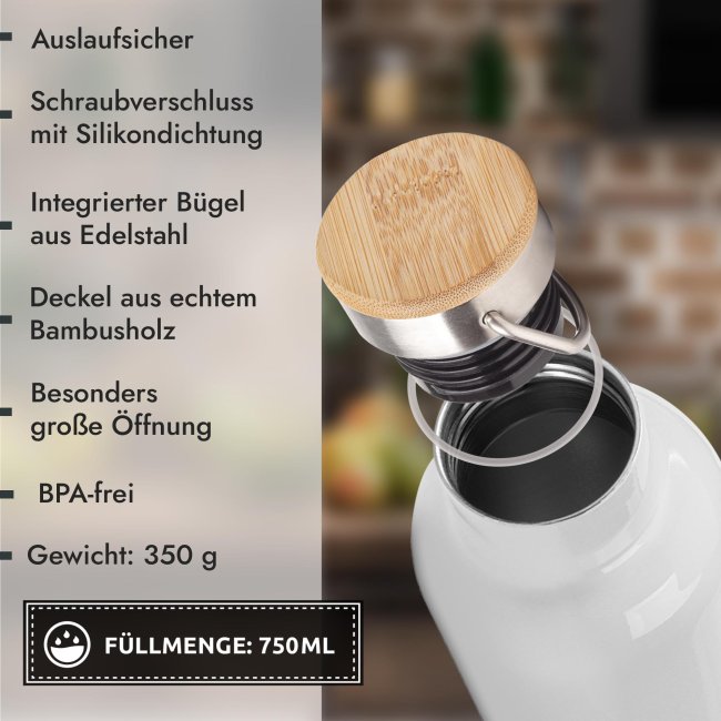 Trinkflasche mit Bambusdeckel - Zweige - mit Name - Wei&szlig;