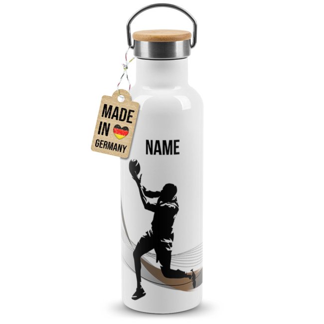 Trinkflasche mit Bambusdeckel - Basketball Silhouette Mann - mit Name - Wei&szlig;