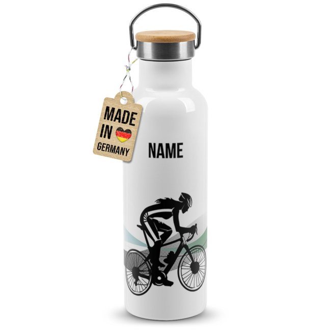 Trinkflasche mit Bambusdeckel - Fahrrad Silhouette Frau - mit Name - Wei&szlig;