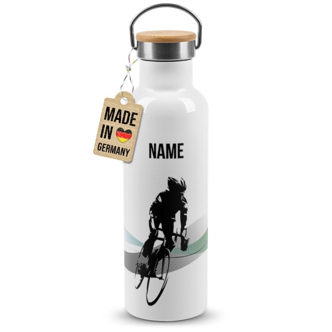 Trinkflasche mit Bambusdeckel - Fahrrad Silhouette Mann - mit Name - Wei&szlig;