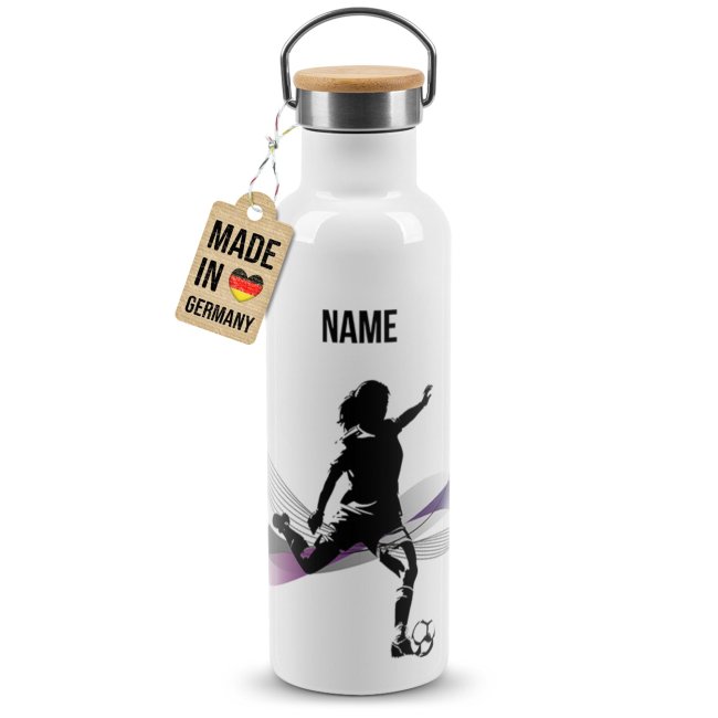 Trinkflasche mit Bambusdeckel - Fussball Silhouette Frau - mit Name - Wei&szlig;