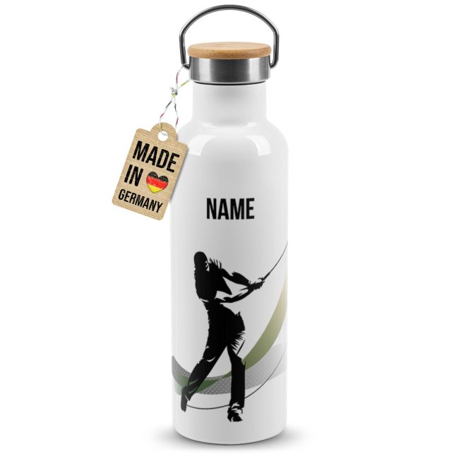 Trinkflasche mit Bambusdeckel - Golf Silhouette Mann - mit Name - Wei&szlig;