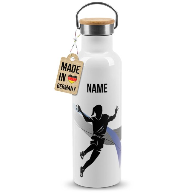 Trinkflasche mit Bambusdeckel - Handball Silhouette Frau - mit Name - Wei&szlig;