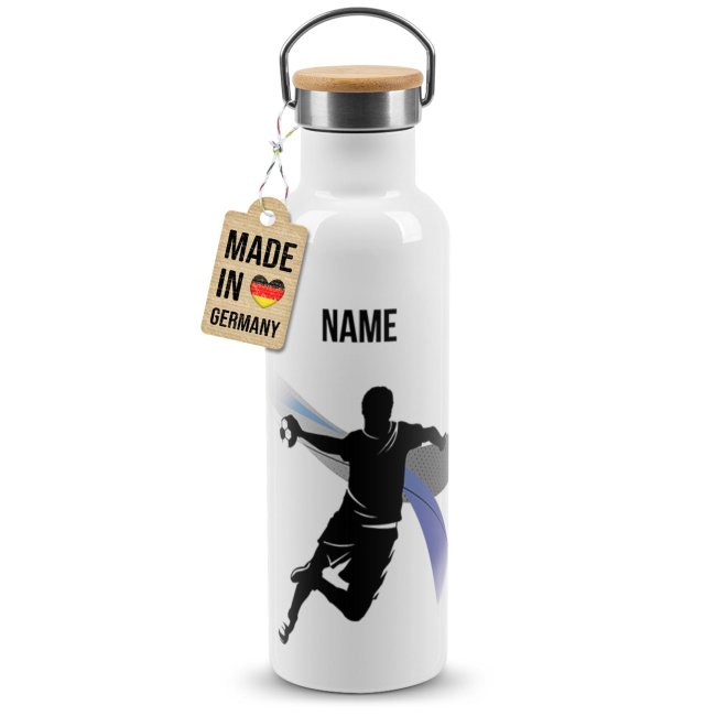 Trinkflasche mit Bambusdeckel - Handball Silhouette Mann - mit Name - Wei&szlig;