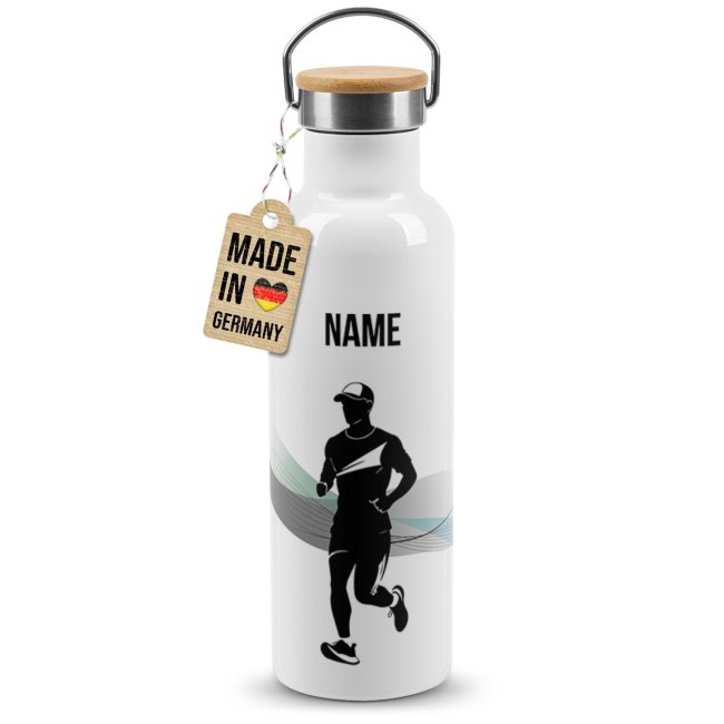 Trinkflasche mit Bambusdeckel - Joggen Silhouette Mann - mit Name - Wei&szlig;