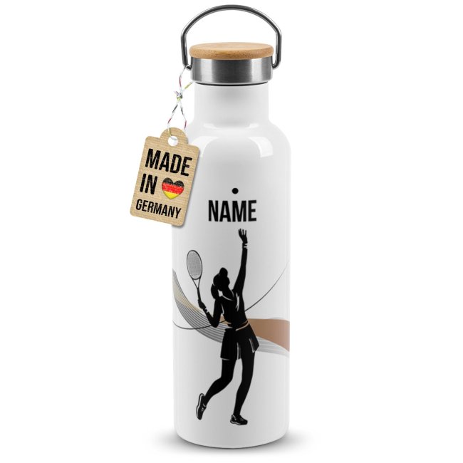 Trinkflasche mit Bambusdeckel - Tennis Silhouette Frau - mit Name - Wei&szlig;