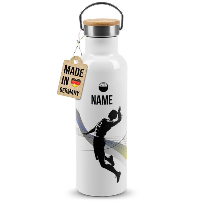 Trinkflasche mit Bambusdeckel - Volleyball Silhouette Frau - mit Name - Wei&szlig;