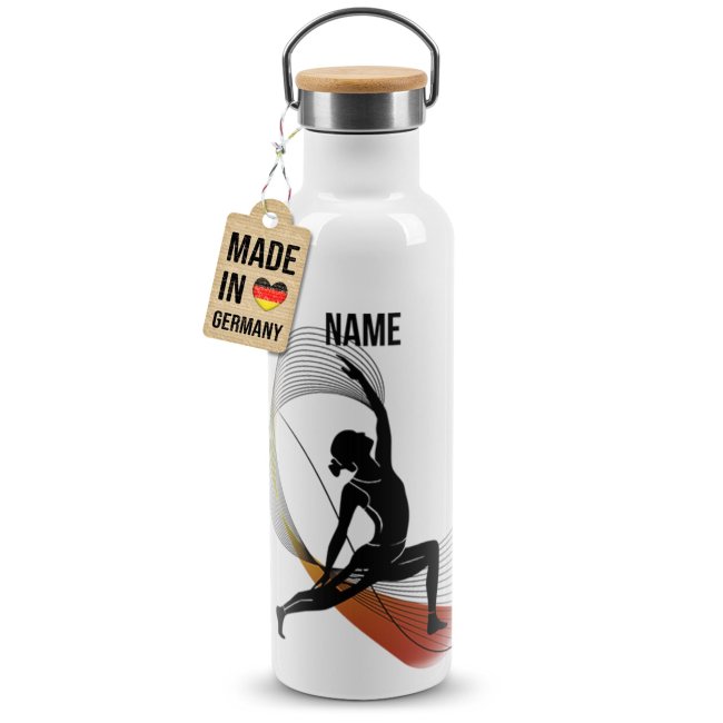 Trinkflasche mit Bambusdeckel - Yoga Silhouette Frau - mit Name - Wei&szlig;