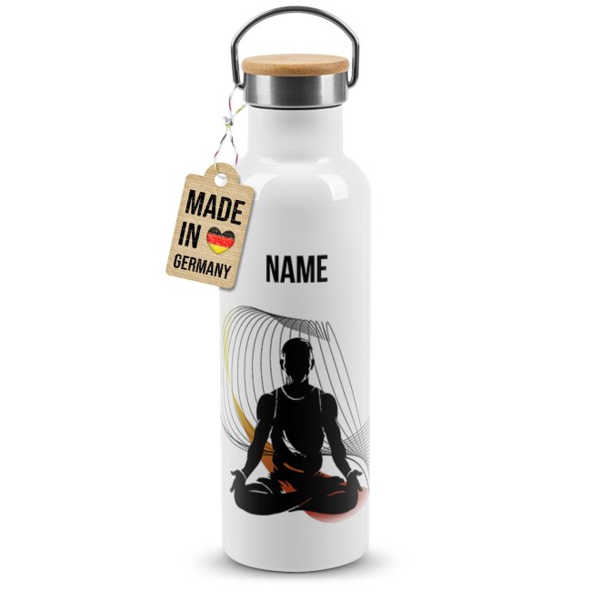 Trinkflasche mit Bambusdeckel - Yoga Silhouette Mann - mit Name - Wei&szlig;