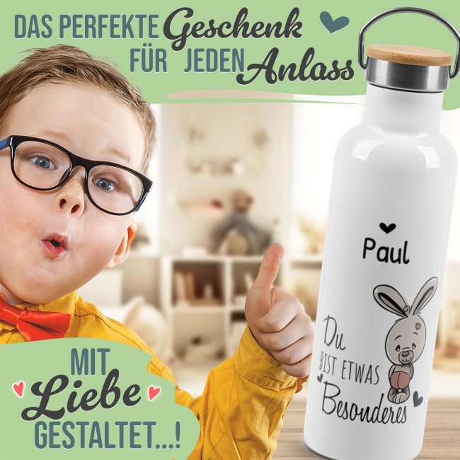 Trinkflasche mit Bambusdeckel - Du bist etwas Besonderes - mit Name - Wei&szlig;