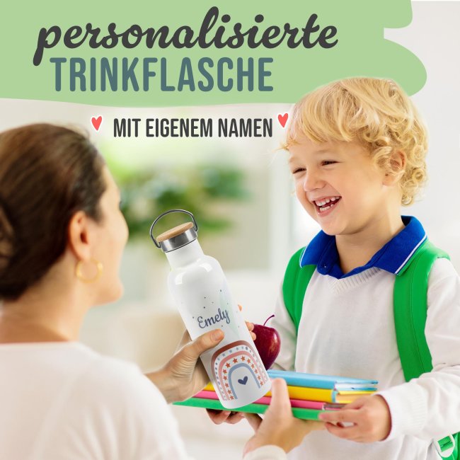 Trinkflasche mit Bambusdeckel - Regenbogen M&auml;dchen - mit Name - Wei&szlig;