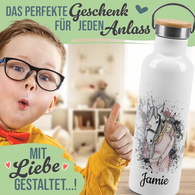 Trinkflasche mit Bambusdeckel - Pferd und Frau - mit Name - Wei&szlig;