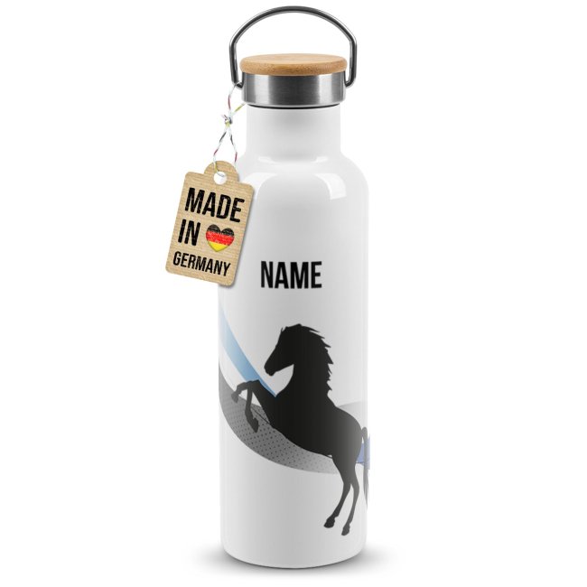 Trinkflasche mit Bambusdeckel - Pferd Silhouette - mit Name - Wei&szlig;