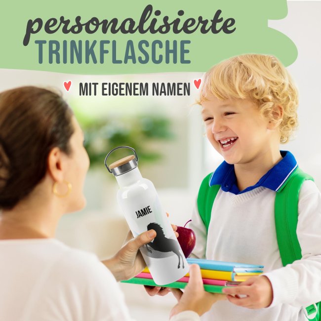 Trinkflasche mit Bambusdeckel - Pferd Silhouette - mit Name - Wei&szlig;