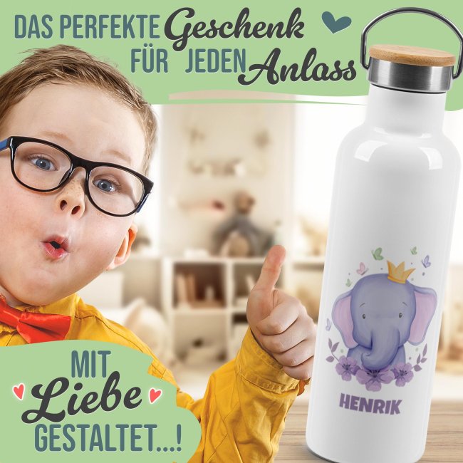 Trinkflasche mit Bambusdeckel - Elefant - mit Name - Wei&szlig;