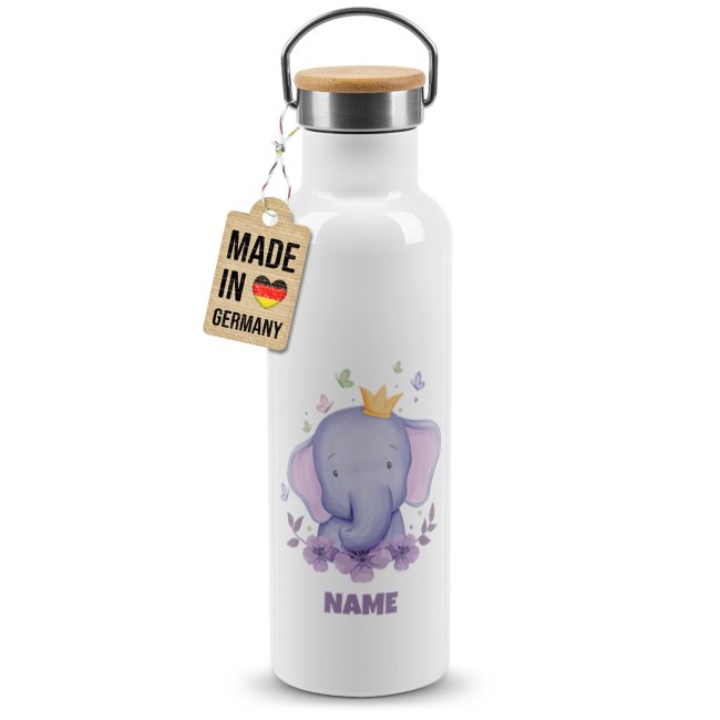 Trinkflasche mit Bambusdeckel - Elefant - mit Name - Wei&szlig;