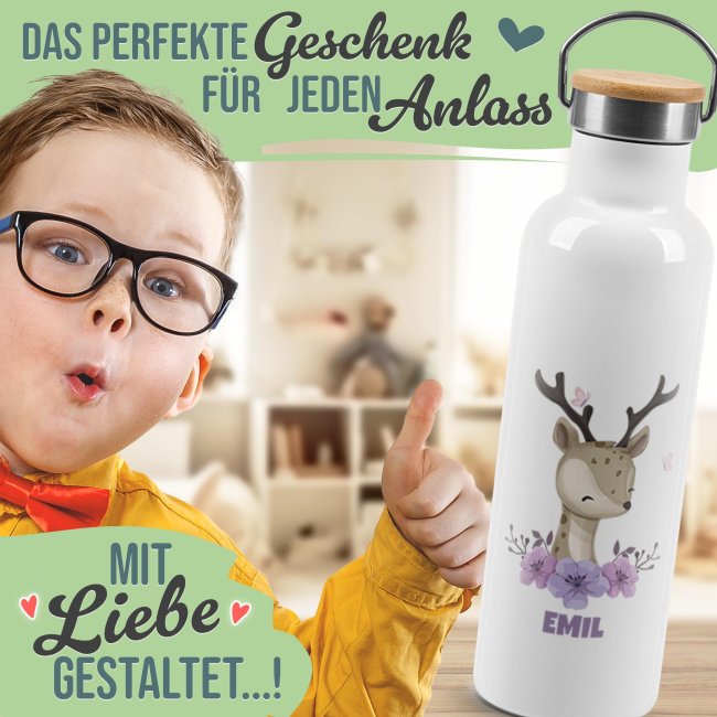 Trinkflasche mit Bambusdeckel - Reh - mit Name - Wei&szlig;