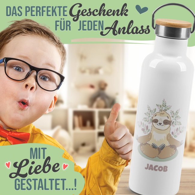 Trinkflasche mit Bambusdeckel - Faultier - mit Name - Wei&szlig;