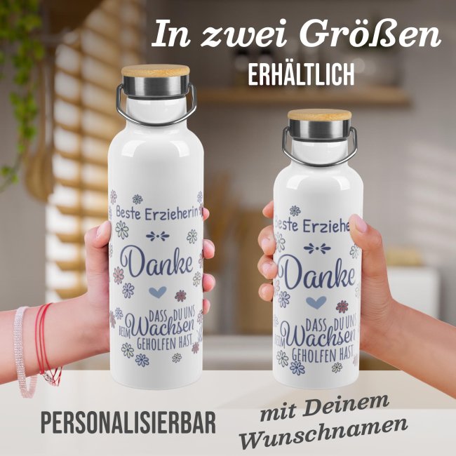 Trinkflasche mit Bambusdeckel - Danke, dass du mir geholfen hast - Erzieherin - mit Name -