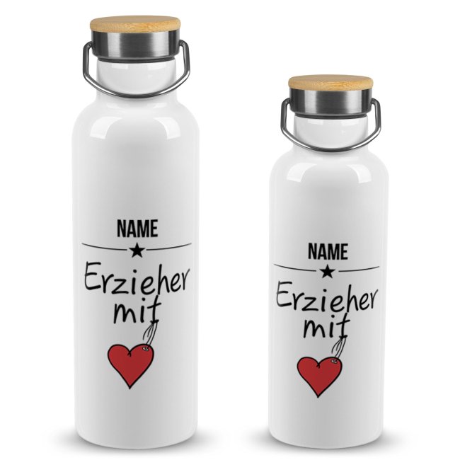 Trinkflasche mit Bambusdeckel - Erzieher mit Herz - mit Name -