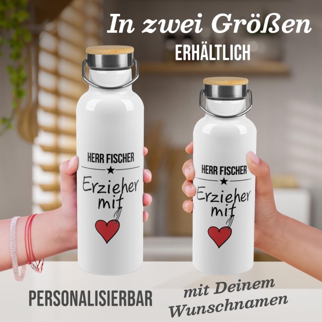 Trinkflasche mit Bambusdeckel - Erzieher mit Herz - mit Name -