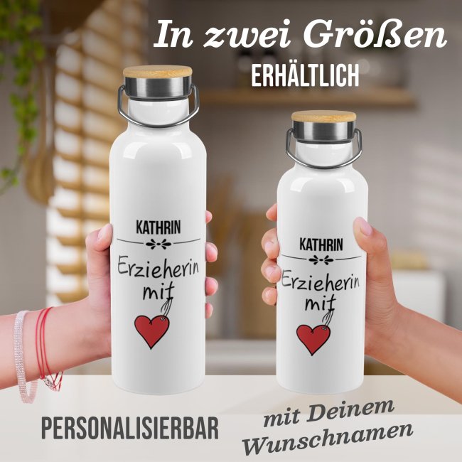 Trinkflasche mit Bambusdeckel - Erzieherin mit Herz - mit Name -