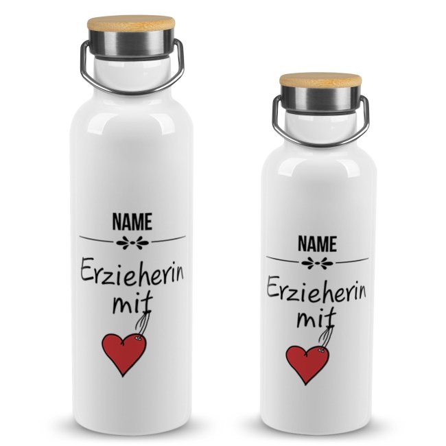 Trinkflasche mit Bambusdeckel - Erzieherin mit Herz - mit Name -