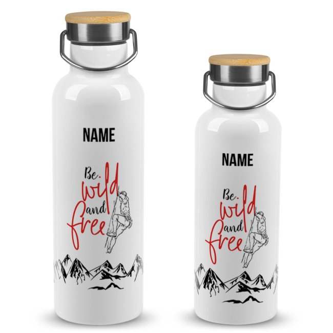 Trinkflasche mit Bambusdeckel - Be wild and free Mann - mit Name - Wei&szlig;