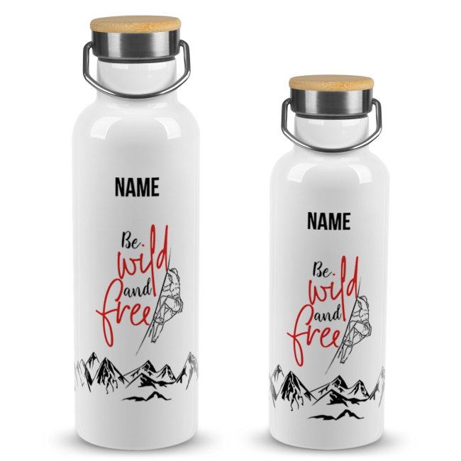 Trinkflasche mit Bambusdeckel - Be wild and free Frau - mit Name - Wei&szlig;