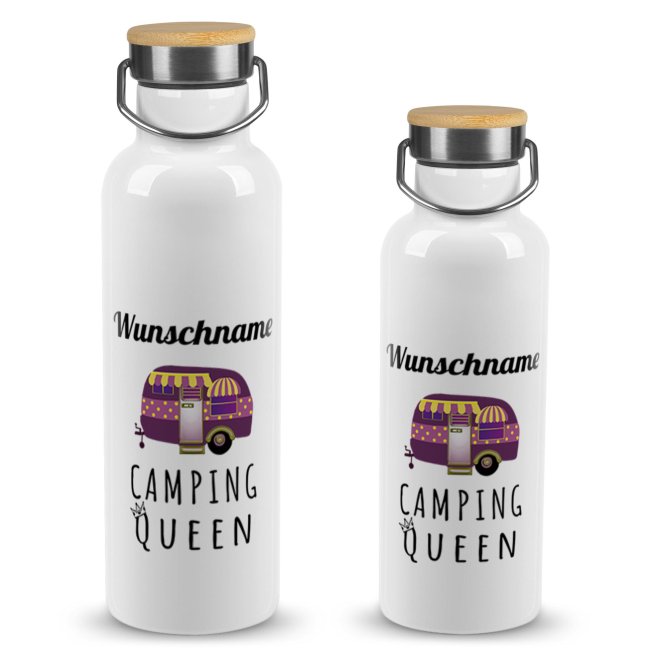 Trinkflasche mit Bambusdeckel - Camping Queen - mit Name - Wei&szlig;