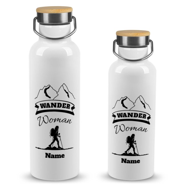 Trinkflasche mit Bambusdeckel - Wander Woman - mit Name - Wei&szlig;