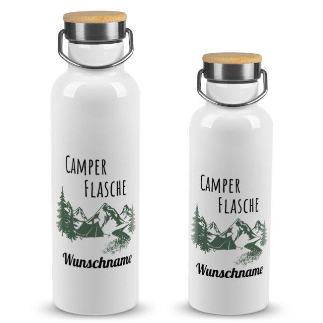 Trinkflasche mit Bambusdeckel - Camper Flasche - mit Name - Wei&szlig;