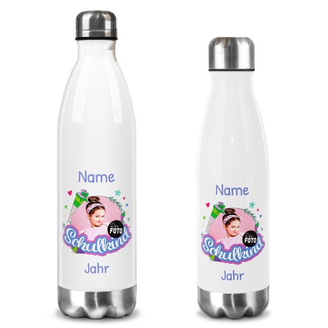 Trinkflasche mit Bambusdeckel zur Einschulung - mit Foto, Name &amp; Jahr - Schulkind rosa