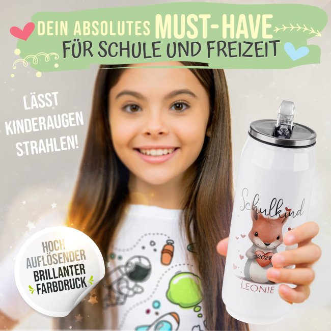 Cola-Dose - Schulkind Eichh&ouml;rnchen - mit Name &amp; Jahr - Wei&szlig; 420 ml