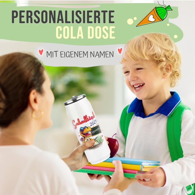 Cola-Dose - Schulkind Dino - mit Name &amp; Jahr - Wei&szlig; 420 ml